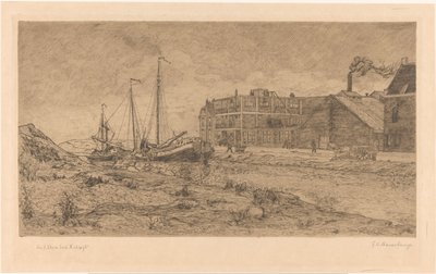 Zacumowane barki w fabryce autorstwa Gerrit Haverkamp (signed by artist)