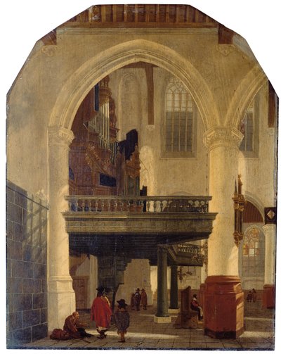 Zachodni kraniec Oude Kerk, Delft, od nawy południowej na północ z chórem organowym autorstwa Gerrit Houckgeest