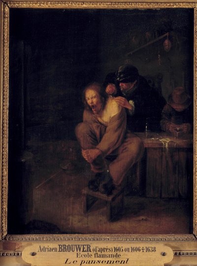 Operacja (lub opatrunek) Chirurg opiekujący się pacjentem. Obraz Gerrita Lundensa (1622-1683) według Adriaena Brouwera (1605/1606-1638). XVII wiek. Ciemny. 0,32x0,28m. autorstwa Gerrit Lundens