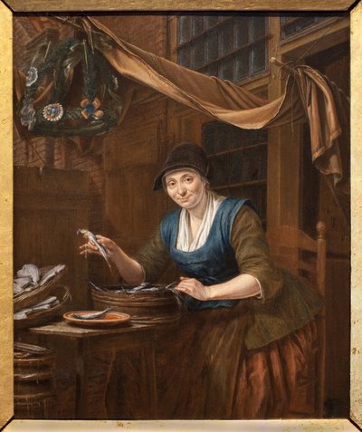 Sprzedawca ryb. Obraz Gerrita Zegelaara (1719-1794), olej na drewnie, połowa XVIII wieku. Muzeum Sztuk Pięknych w Angers. autorstwa Gerrit Zegelaar