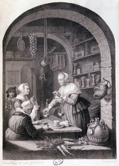Wiejski sklep spożywczy ważenie z wagą. sd. 18 wiek autorstwa Gerrit or Gerard (after) Dou