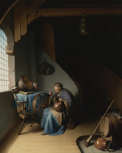 Starsza kobieta przy kołowrotku jedząca owsiankę par Dou, Gerard autorstwa Gerrit Dou