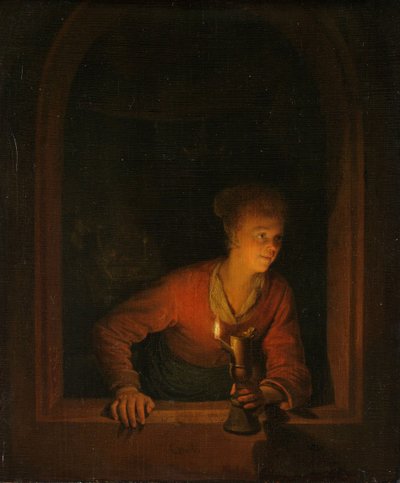 Dziewczyna z lampą oliwną przy oknie, 1645-75 autorstwa Gerrit Dou
