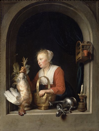 Holenderska Gospodyni Domowa, czyli Kobieta wisząca Kogucika w Oknie, 1650 autorstwa Gerrit Dou