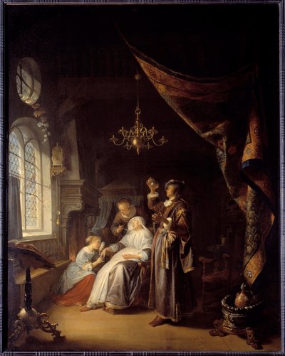 Kobieta uwodniona. Lekarz bada mocz kobiety z obrzękiem. Obraz Gerarda Dou (1613-1675) Ec. Hol autorstwa Gerrit Dou