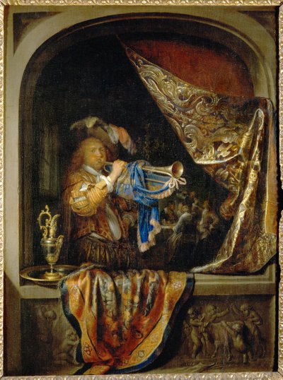 Trębacz, w tle uczta ... autorstwa Gerrit or Gerard Dou