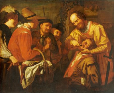 Znachor dentysta wyrywający ząb, podczas gdy grupa gapiów obserwuje w pobliżu autorstwa Gerrit van Honthorst