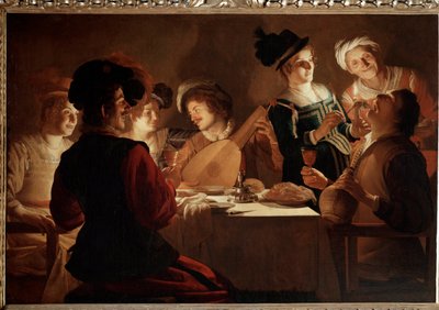 Kolacja z grającym na lutni. (Obraz autorstwa Gerrit van Honthorst