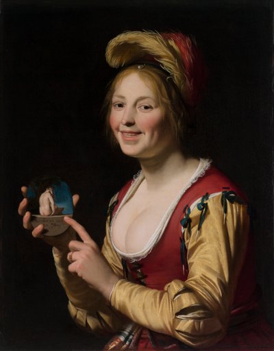 Uśmiechnięta dziewczyna, kurtyzana trzymająca nieprzyzwoity obraz autorstwa Gerrit van Honthorst