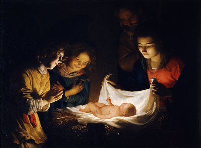 Adoracja Dzieciątka Jezus, c. 1620 autorstwa Gerrit van Honthorst