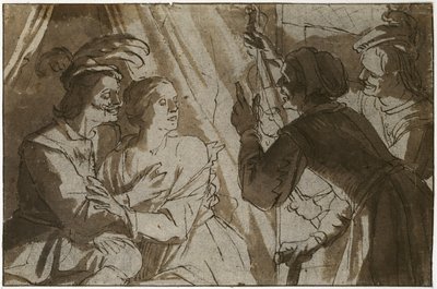 Syn marnotrawny (pióro i brązowy tusz z rozmyciem na czarnej kredzie na papierze) autorstwa Gerrit van Honthorst
