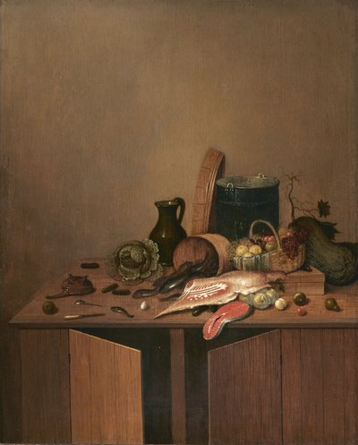 Kuchenna martwa natura z mięsem, rybami i warzywami autorstwa Gerrit van Vucht