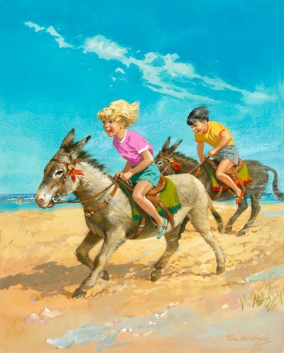 Chłopiec i dziewczynka jeżdżący na osiołkach na plaży autorstwa Gerritt Vandersyde