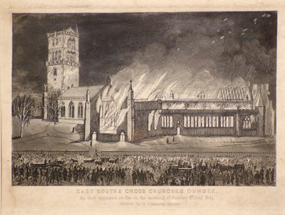 Kościoły wschodnie, południowe i krzyżowe, Dundee, jak pojawiły się w ogniu w niedzielę 3 stycznia 1841 r., ok. 1841 r. (akwaforta) autorstwa Gershom Gourlay Cumming