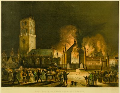Kościoły wschodnie, południowe i krzyżowe, Dundee [jak pojawiły się w ogniu w niedzielę, 3 stycznia 1841 r.] (za Georgem McGillivrayem), ok. 1841 (litografia) autorstwa Gershom Gourlay Cumming