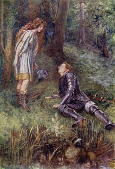 Belphoebe pomaga Timiasowi (litografia kolorowa) autorstwa Gertrude E. Demain (after) Hammond
