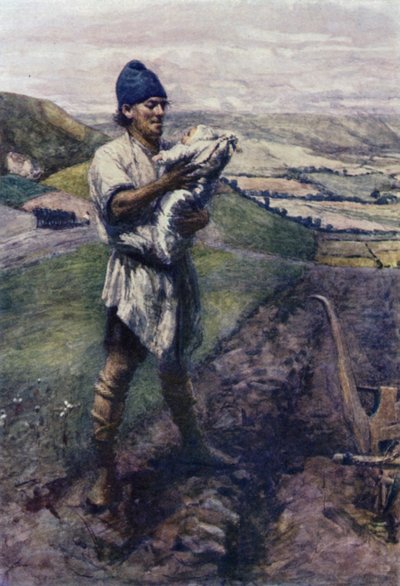 „Na bruzdowanym polu oracz cię znalazł” (litografia kolorowa) autorstwa Gertrude E. Demain (after) Hammond