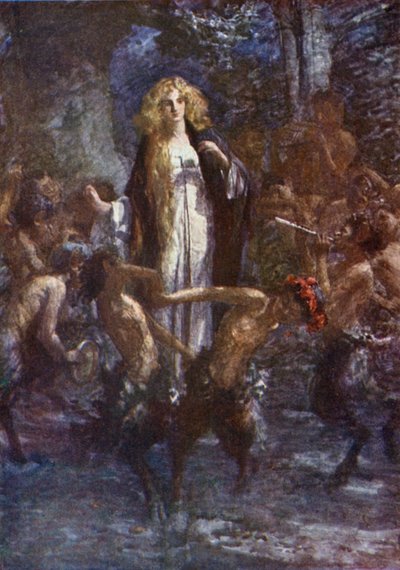 „Satyrowie tańczyli wokół niej z radości” (litografia kolorowa) autorstwa Gertrude E. Demain (after) Hammond