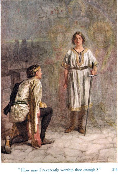 „Jak mogę cię wystarczająco czcić?”, ilustracja z „Opowieści Szekspira o angielskich królach”, opublikowanych przez George Harrap & Son autorstwa Gertrude E. Demain Hammond