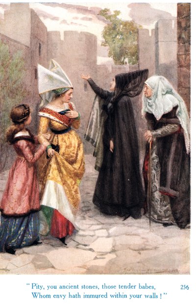 „Szkoda, starożytne kamienie, te delikatne niemowlęta, które zawiść zamknęła w waszych murach!”, ilustracja z „Opowieści Szekspira o angielskich królach”, opublikowanych przez George Harrap & Son autorstwa Gertrude E. Demain Hammond