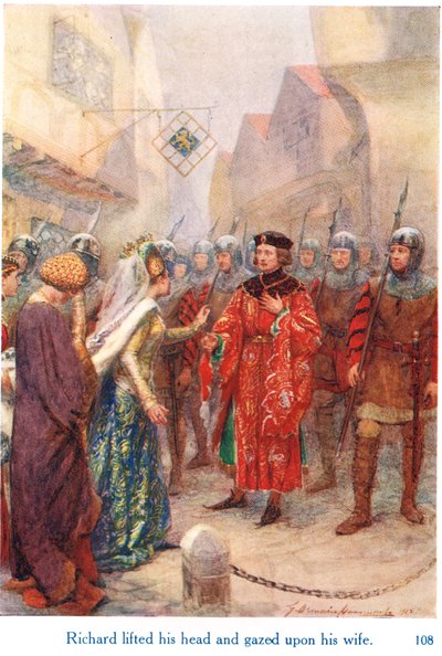 „Richard podniósł głowę i spojrzał na swoją żonę”, ilustracja z „Opowieści Szekspira o angielskich królach”, opublikowanych przez George Harrap & Son autorstwa Gertrude E. Demain Hammond