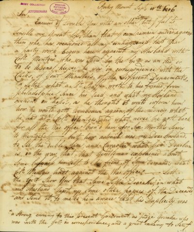 List podpisany Gertrude Joan Senf, Rocky Mount, do Thomasa Jeffersona, 11 września 1806 r. autorstwa Gertrude Joan Senf