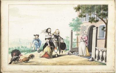 Para wita panią w drzwiach wiejskiego domu autorstwa Gesina ter Borch (signed by artist)
