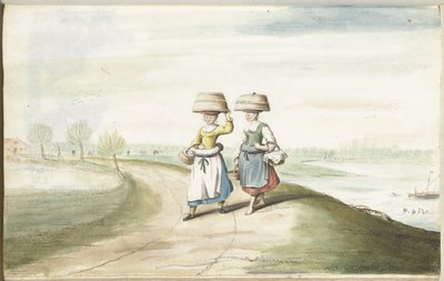 Dwie wieśniaczki spacerujące po krajobrazie autorstwa Gesina ter Borch (signed by artist)