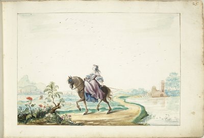 Kobieta na koniu w krajobrazie autorstwa Gesina ter Borch (signed by artist)
