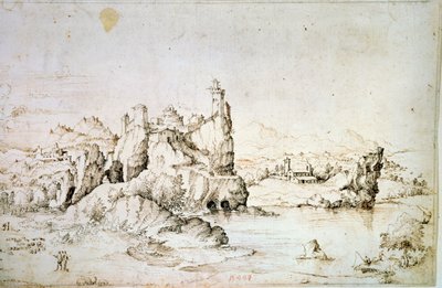 Zamek na skale w Mountainscape, 1540. autorstwa Gherado Cibo