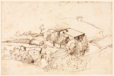 Farma z drzewami w pagórkowatym krajobrazie, 1567. autorstwa Gherardo Cibo