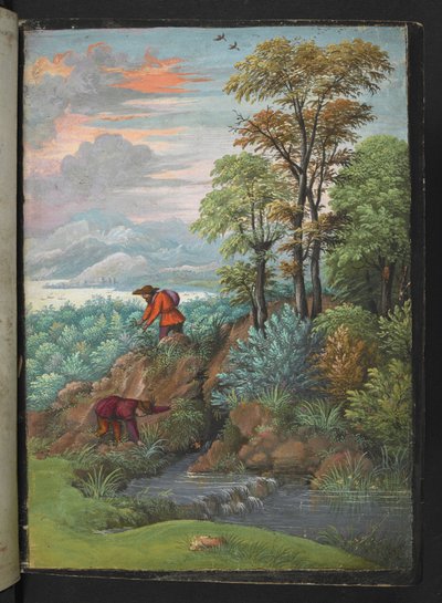 Dwóch mężczyzn szukających roślin na zalesionym terenie, z „Obrazów flory stanów rzymskich” Gherardo Cibo, Add MS 22333, f006r, c.1564-84 (akwarela i gwasz na papierze) autorstwa Gherardo Cibo