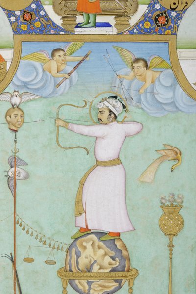 Fragment alegorycznego portretu Jahangira (nieprzezroczysta akwarela i złoto na papierze) autorstwa Ghulam Ali Khan