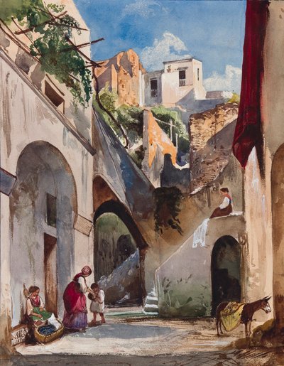 Domy na Costierze Półwyspu Sorrentyńskiego, z uzupełnieniami księżnej Marii Annunziaty di Borbone (1843-1871), 1853 (ołówek, wc i gwasz na papierze) autorstwa Giacinto Gigante