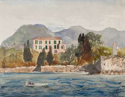 Barka wiosłowa z flagą Borbone zbliżająca się do dużego domu na wybrzeżu neapolitańskim, z uzupełnieniami autorstwa księcia Gaetano Maria Federico di Borbone (1846-1871) (ołówek, wc i gwasz) autorstwa Giacinto Gigante