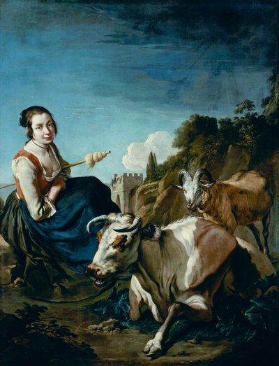 Dziewczyna z krową i owcami w skalistym krajobrazie, ok. 1700 (olej na płótnie) autorstwa Giacomo Ceruti