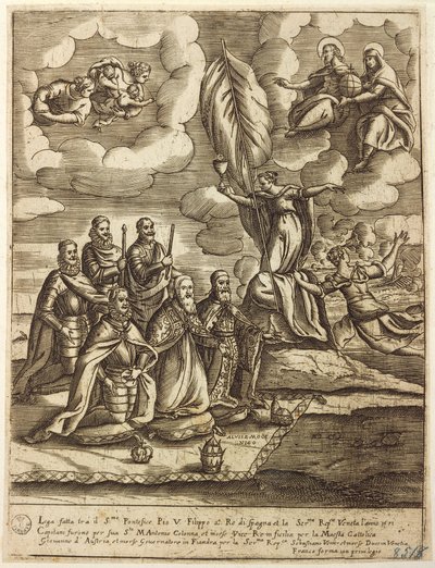 Alegoria Ligi Św. z 1571 r., przewidziana przez papieża Piusa V, Filipa Hiszpanii i doża Wenecji Alvise Mocenigo, rycina Giacomo Franco (1556-1620) autorstwa Giacomo Franco