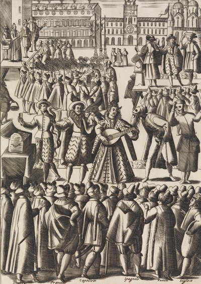 Rozrywka, którą szarlatani dają codziennie na Piazza di S. Marco al Populo ..., ca. 1610. autorstwa Giacomo Franco