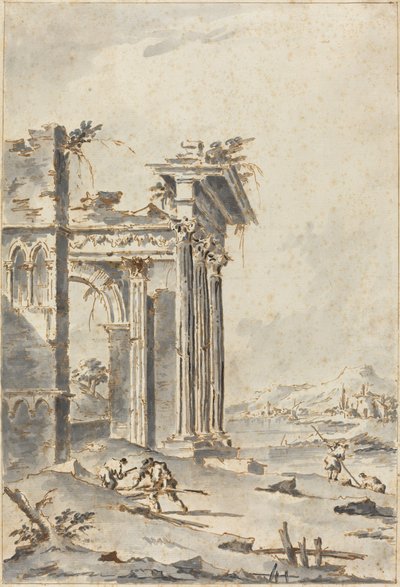 Capriccio klasycznych ruin na brzegu autorstwa Giacomo Guardi