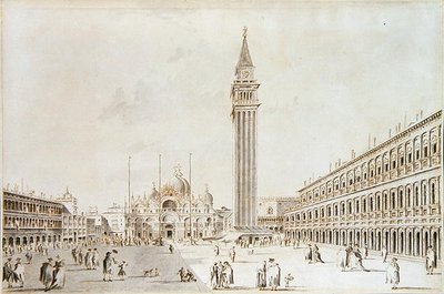 Widok na Piazza San Marco w kierunku Bazyliki i Campanile (pióro i atrament z praniem na papierze) autorstwa Giacomo Guardi