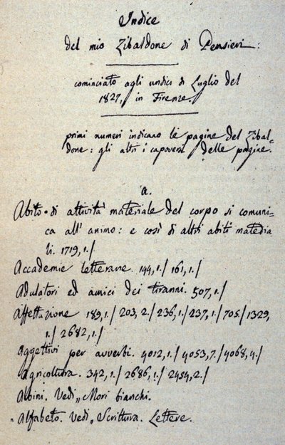 Incipit rękopisu Zibaldone (lub „Pensieri”) autorstwa Giacomo Leopardiego (1798 - 1837). 1817-1832 autorstwa Giacomo Leopardi