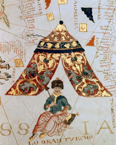 Fragment mapy autorstwa kartografa Giacomo de Maggiolo przedstawiającej sułtana Solimana (Sulejmana) Wspaniałego (1520-1566) zwanego „Wielkim Turkiem””. Miniaturowy. Muzeum Marynarki Wojennej, Genes autorstwa Giacomo Maggiolo