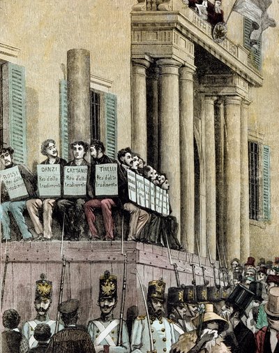 Risorgimento: „” członkowie ruchu Giovine Italia (m.in. Carlo Cattaneo (1801-1869), Tinelli, Danzi, Bussi) siedzący przed Pałacem Sprawiedliwości w Mediolanie, słuchający wyroku skazującego ich na wygnanie w 1848 roku”” 1884 Litografia Manteg autorstwa Giacomo Mantegazza