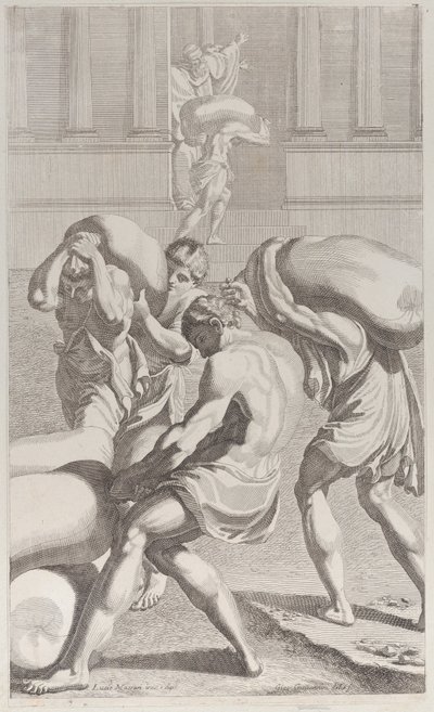 Mężczyźni przynoszący worki z ołowiem do klasztoru św. Benedykta, 1687-1717. autorstwa Giacomo Maria Giovannini