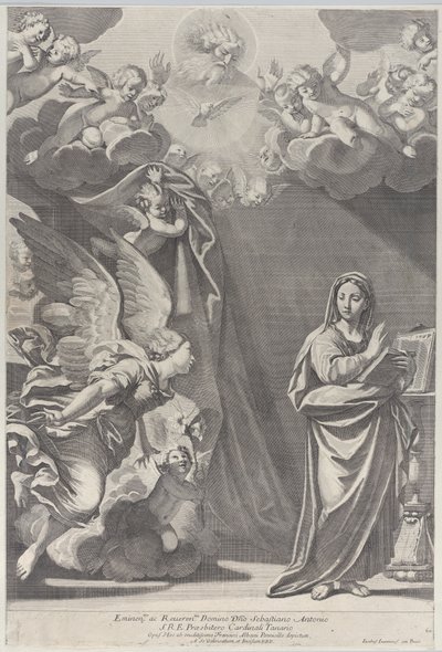 Zwiastowanie, z Gabrielem i innymi aniołami po lewej i Bogiem Ojcem na górze, 168..., 1687-1717. autorstwa Giacomo Maria Giovannini