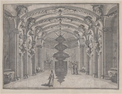Scena teatralna w wielkiej sali ze sklepionym sufitem i centralną rzeźbą, ...,ok. 1687-1717. autorstwa Giacomo Maria Giovannini