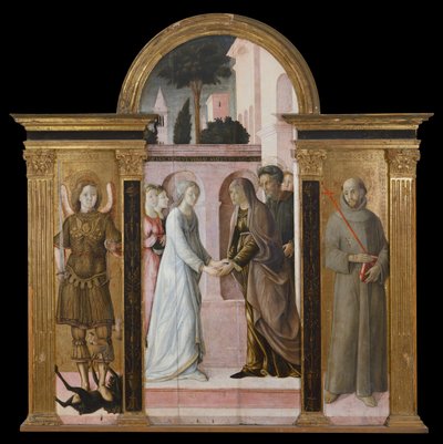 Tryptyk: Nawiedzenie, pomiędzy św. Michałem i św. Franciszkiem (obraz na desce) autorstwa Giacomo Pacchiarotti