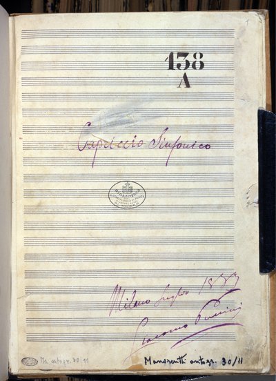 Rękopis nuty do „Kaprysu symfonicznego”” „(Kaprys symfoniczny”) kompozytora Giacomo Pucciniego (1858-1924) 1883. Biblioteka Konserwatorium im. Giuseppe Verdiego w Mediolanie autorstwa Giacomo Puccini