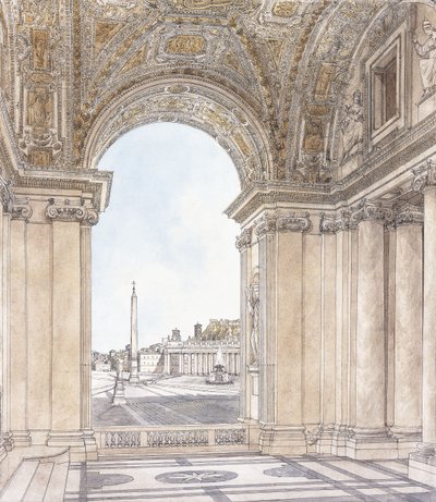 Widok na Piazza San Pietro w Rzymie patrzący na południe od portyku bazyliki, przed 1779 r. autorstwa Giacomo Quarenghi