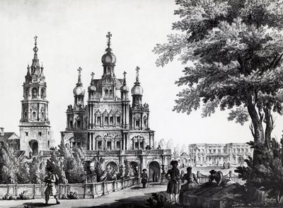 Kościół Wniebowzięcia NMP i pałac Gagarina w Moskwie, rys. Giacomo Quarenghi Domenico (1744-1817), druk, Rosja autorstwa Giacomo Quarenghi